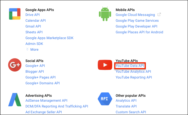 Выбор YouTube Data API в библиотеке Google Cloud