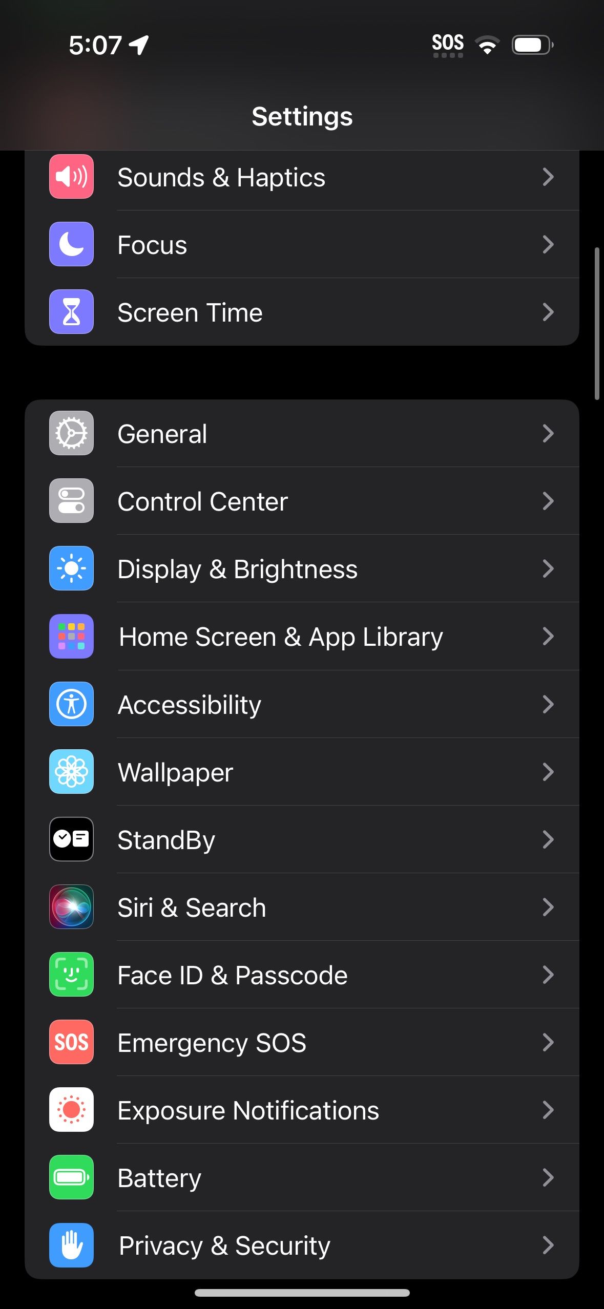 Settings App open on iPhone with dark mode