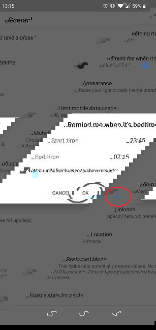 Выбор часов для режима сна в YouTube
