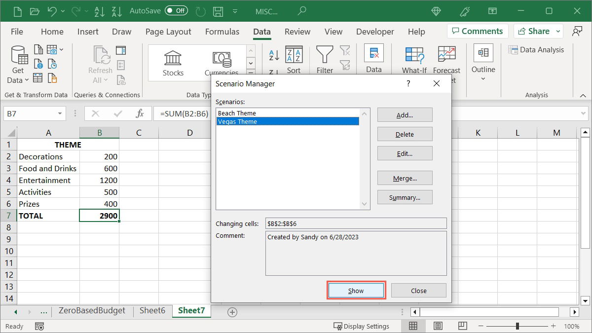 Кнопка Показать в Диспетчере сценариев