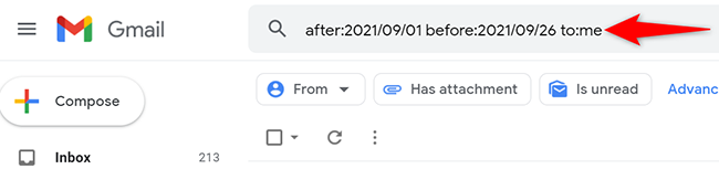 Скриншот поиска писем между двумя датами