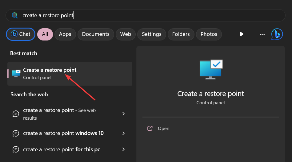 Поиск «Создать точку восстановления» в меню «Пуск»
