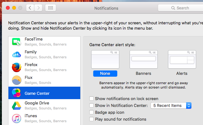 Системные настройки уведомлений macOS с выделенным Game Center