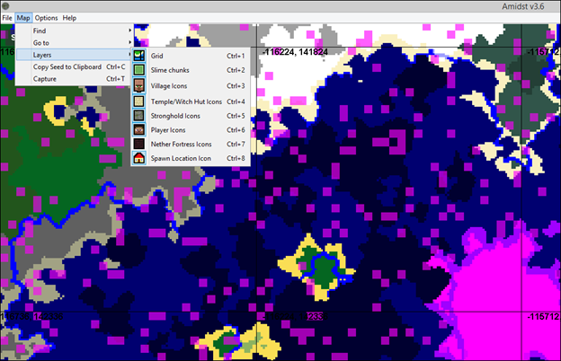 Сетка и слой Slime chunks в AMIDST