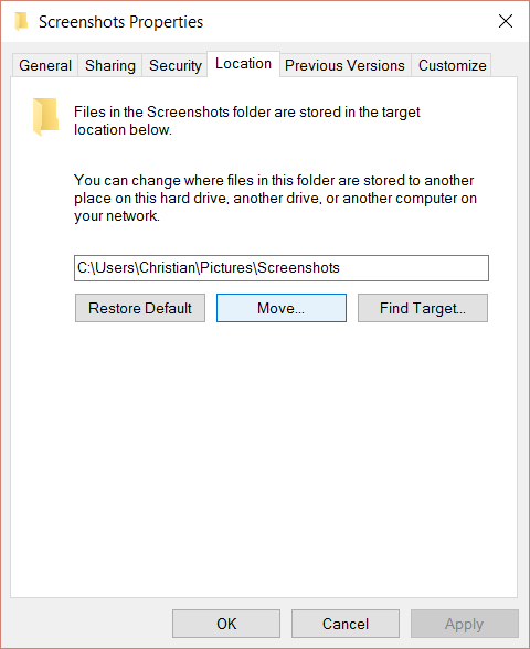 Окно изменения расположения папки Screenshots