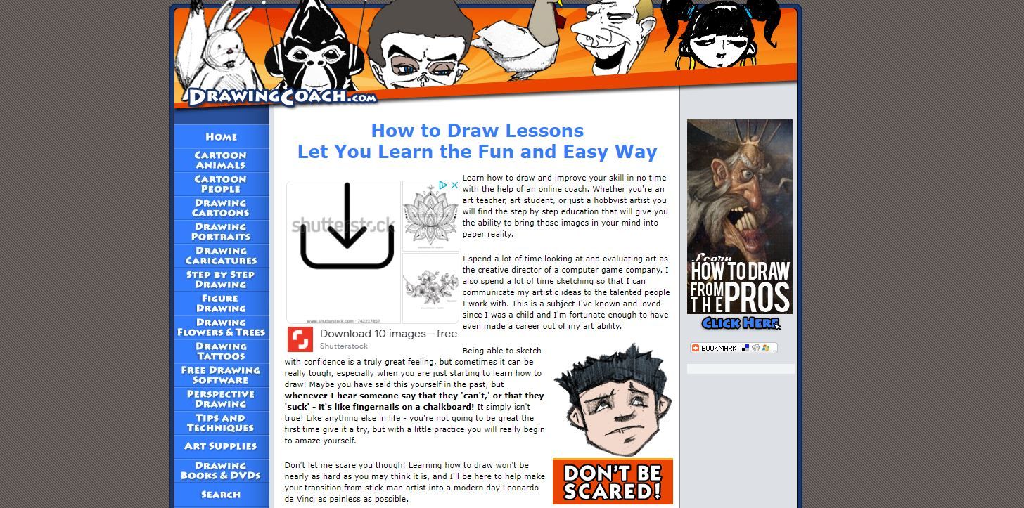 Главная страница Drawing Coach с примерами по рисованию мультяшных персонажей