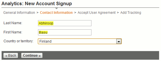 Ввод контактных данных для Analytics