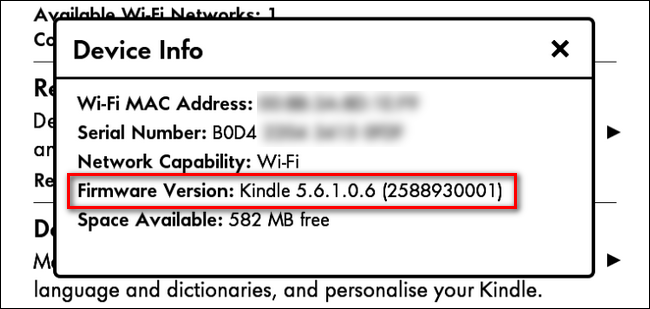 Экран Device Info на Kindle с версией прошивки
