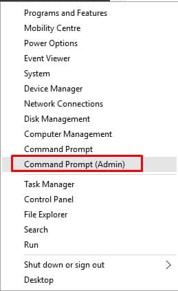 Меню Windows с опцией «Command Prompt (Admin)»