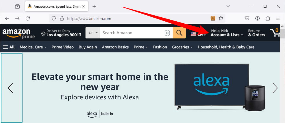 Нажмите «Аккаунт и списки» под именем пользователя на сайте Amazon.