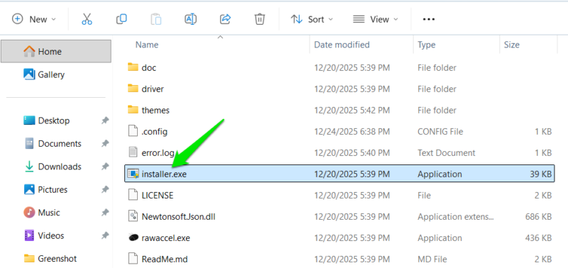 Папка Raw Accel с файлами установки