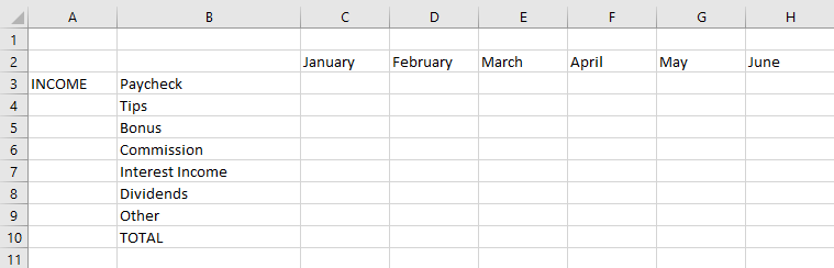Раздел доходов в личном бюджете Excel