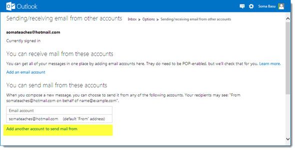 Форма добавления адреса для отправки из Outlook.com