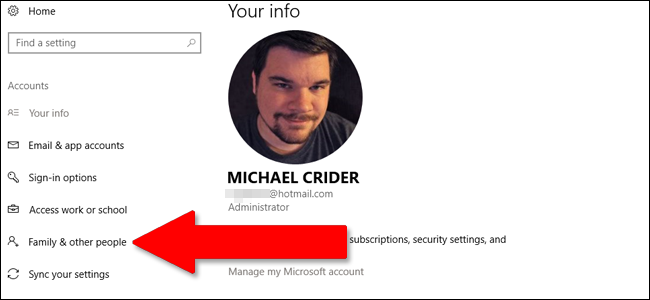 Раздел Семья и другие пользователи в Параметрах