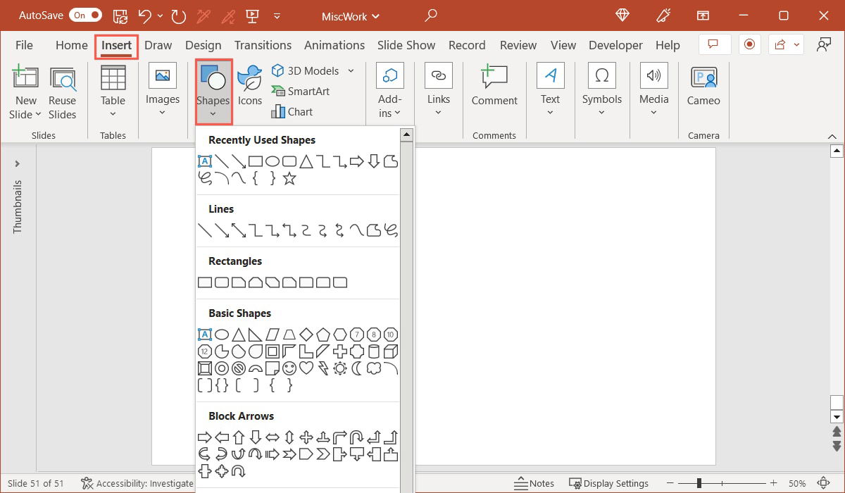 Shapes on the Insert tab in PowerPoint