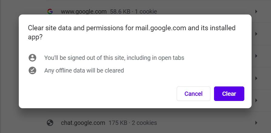 Подтверждение удаления cookie для mail.google.com в Chrome
