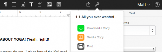 Меню скачивания копии в Pages iCloud
