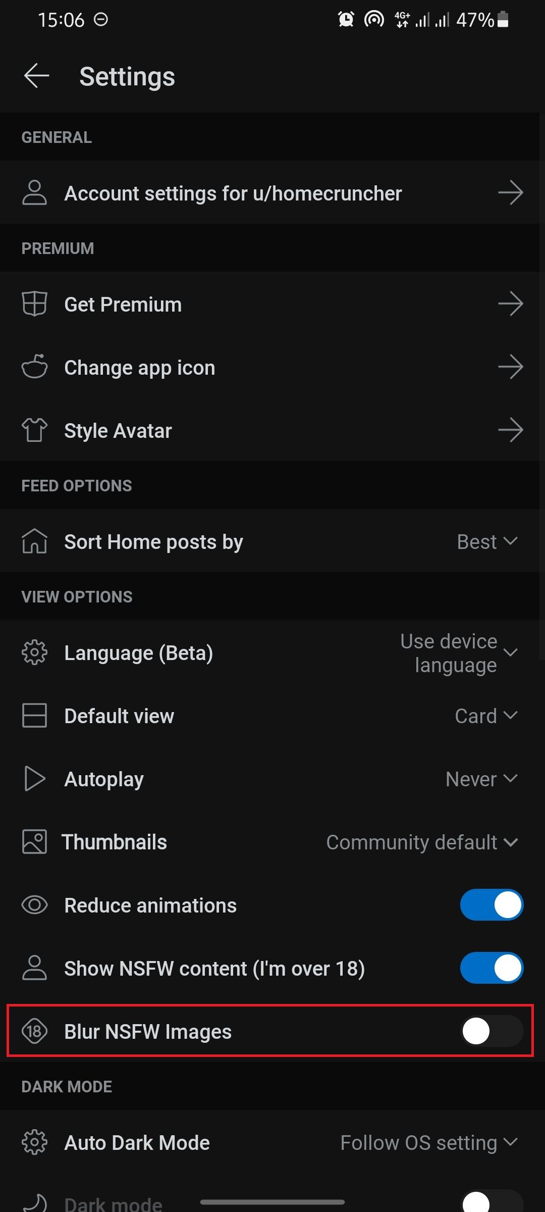 скриншот страницы настроек Reddit с переключателем NSFW