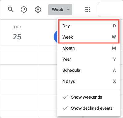 Выберите вид День или Неделя