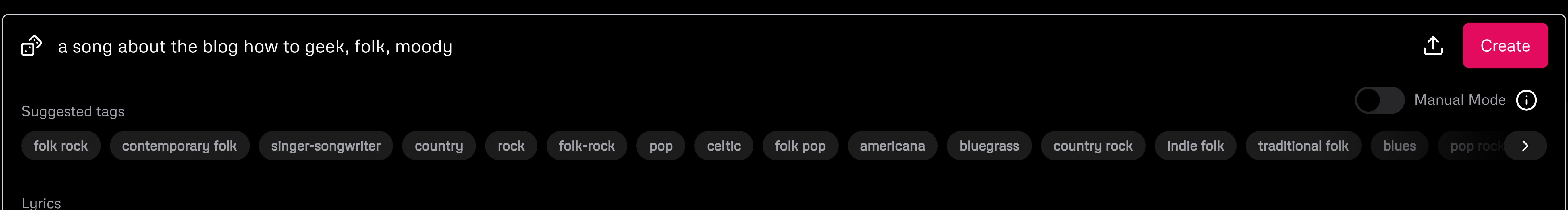 Взгляд на предлагаемые теги Udio