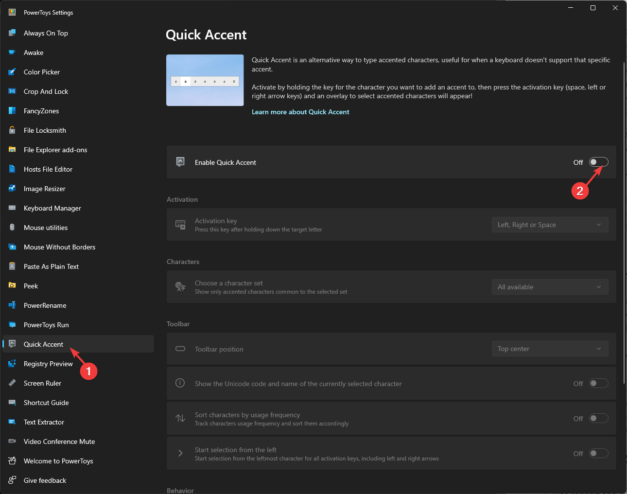 Отключение Quick Accent в PowerToys