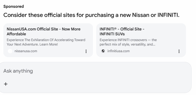 Рекламный блок внизу AI Mode Google Search