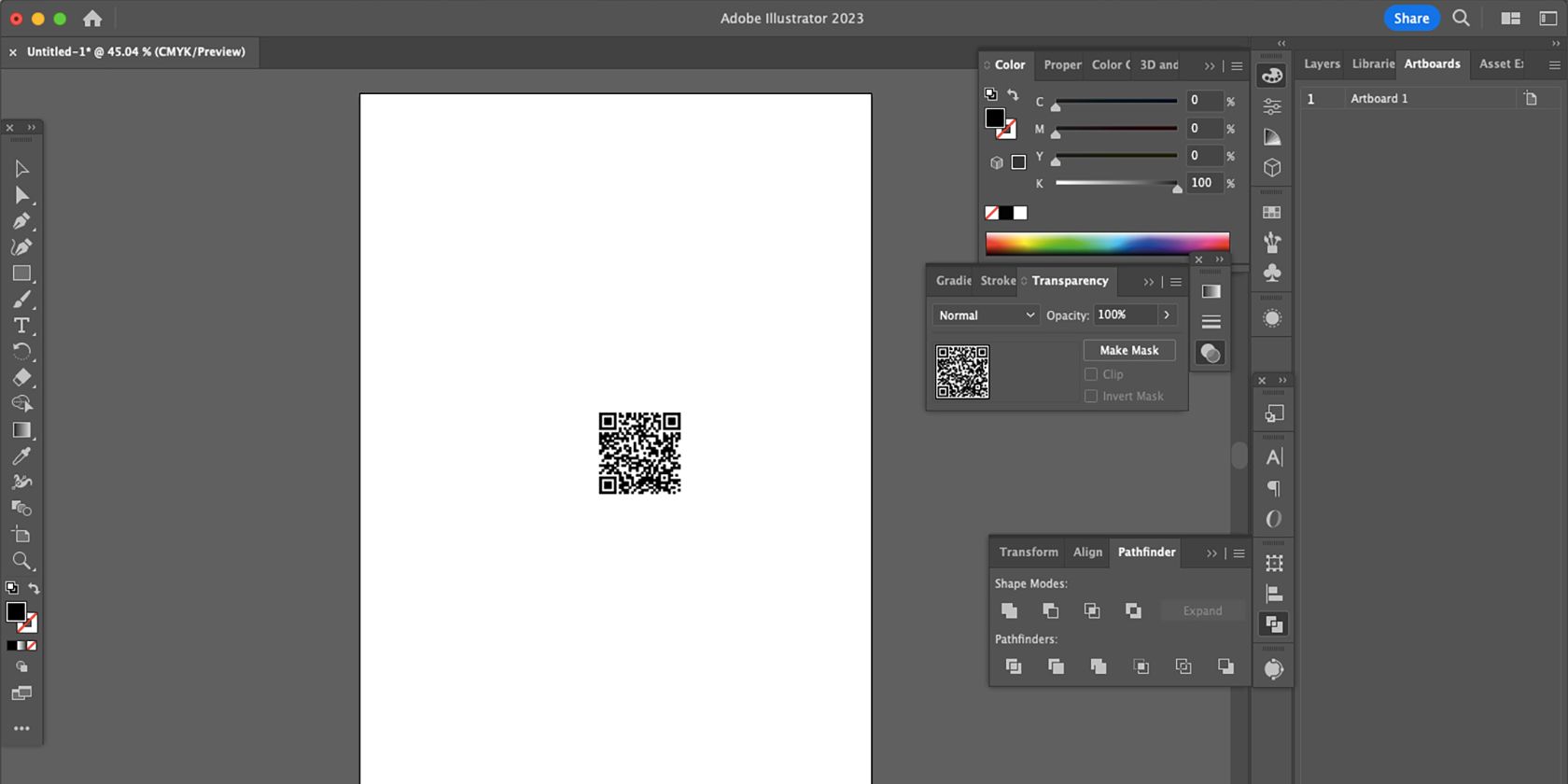 Артефакт QR-кода на артборде Adobe Illustrator