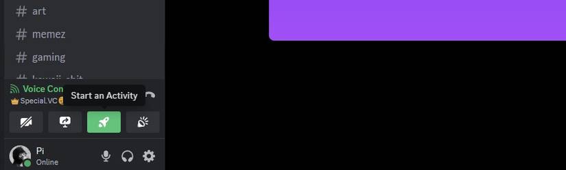 начало активности в Discord, показ кнопки ракеты под голосовым подключением