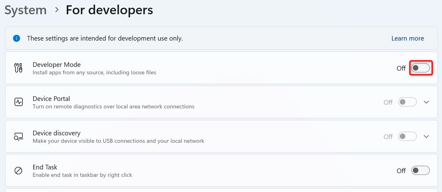 'Developer Mode' highlighted in Windows 11 Settings.