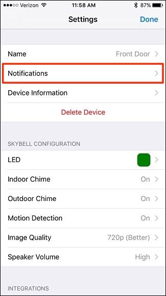 Раздел Notifications в настройках SkyBell