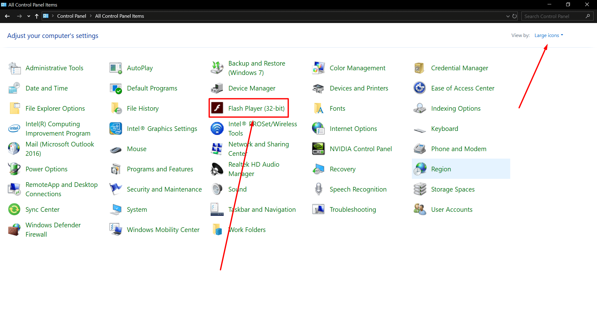 Flash Player в Панели управления Windows