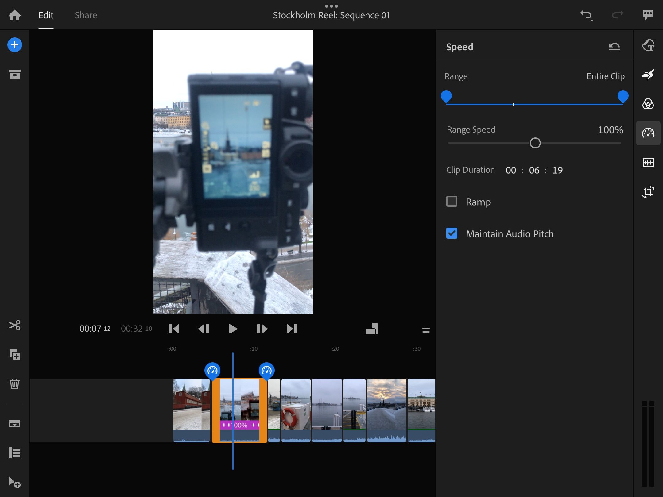 Изменение скорости в Premiere Rush