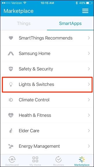 Скриншот меню Lights & Switches в SmartApps