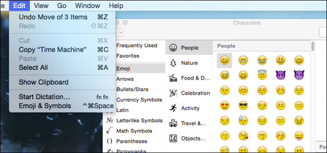 Окно Смайлики и символы на macOS с поиском и категориями