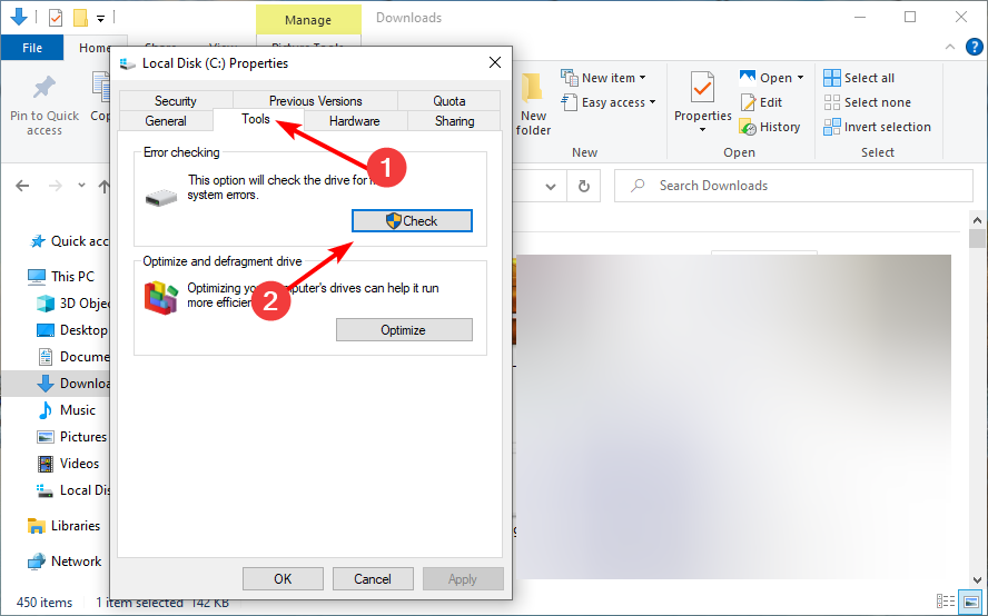 Проверка диска — вкладка Сервис