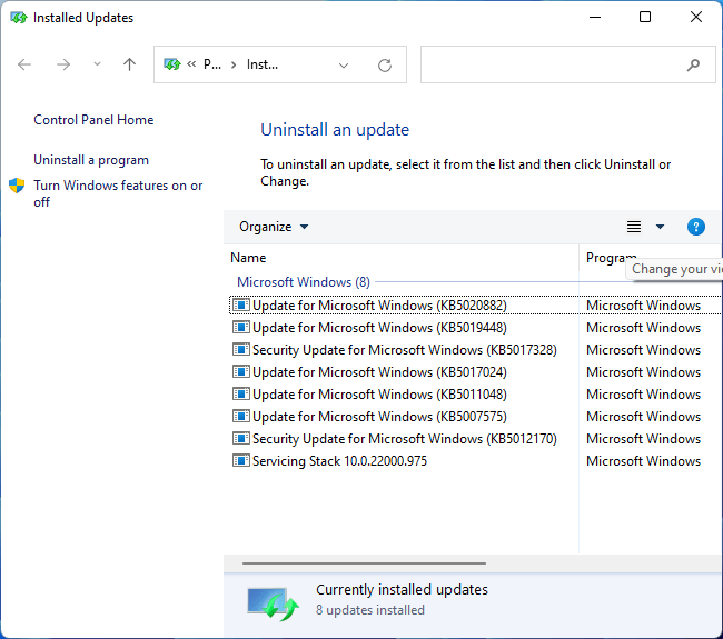 Pantalla para desinstalar una actualización en Windows.