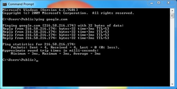 Janela do resultado do comando ping mostrando estatísticas de envio e recebimento