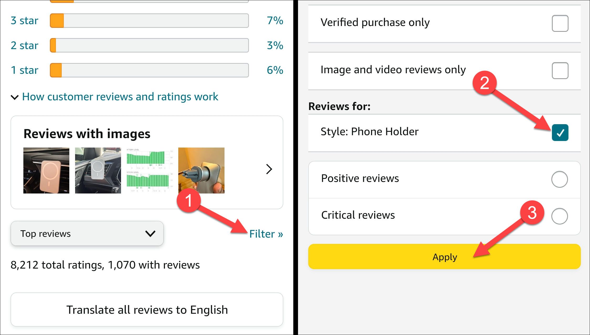 Filtering the product reviews on the Amazon app.