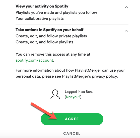 Нажмите Agree, чтобы разрешить приложению доступ к вашему аккаунту Spotify.