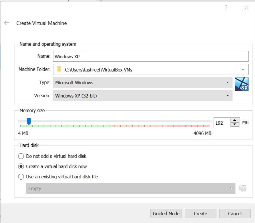 Окно создания VM: выбран Windows XP 32‑bit