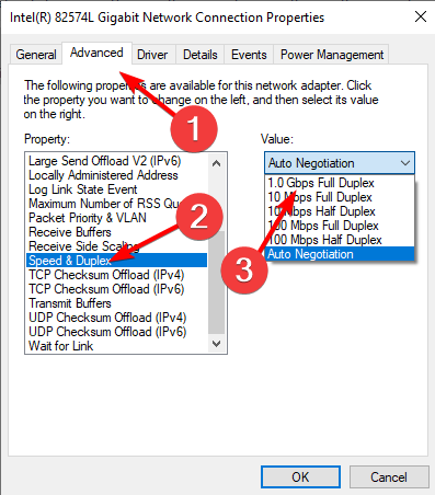 Параметр 1.0 Gbps Full Duplex в настройках адаптера