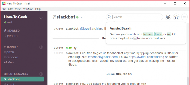 Пример списка результатов поиска в Slack с сортировкой и фильтрами