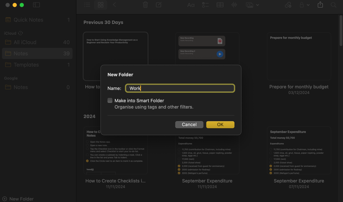 Процесс создания папки в Apple Notes