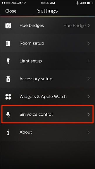Выбор опции управления голосом Siri в приложении Hue