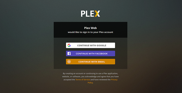 Страница входа Plex
