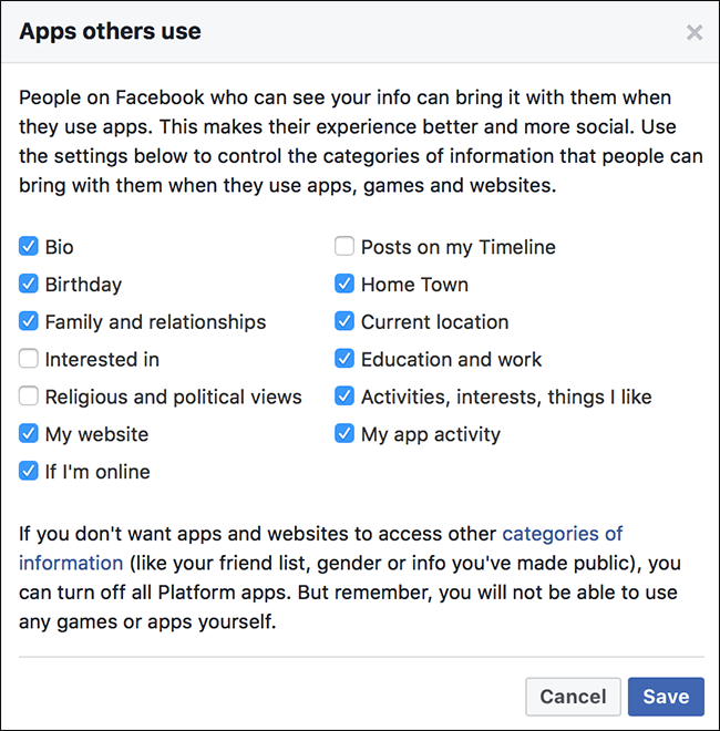 Снимите флажки, чтобы приложения не получали данные о вас через ваших друзей