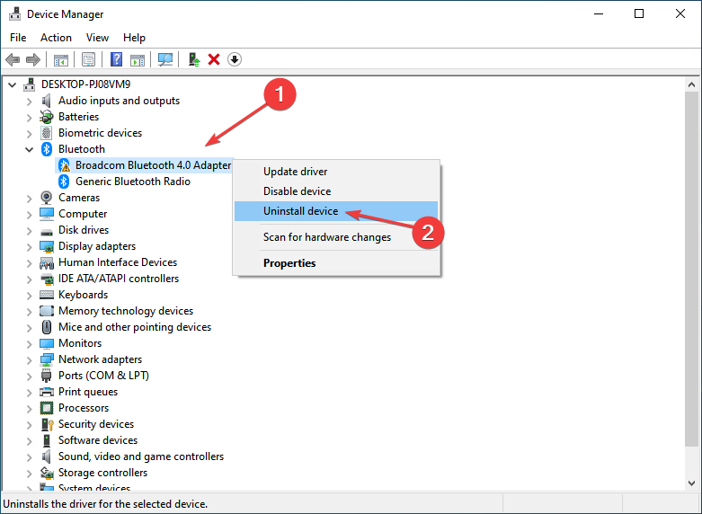 Удаление проблемного устройства в Диспетчере