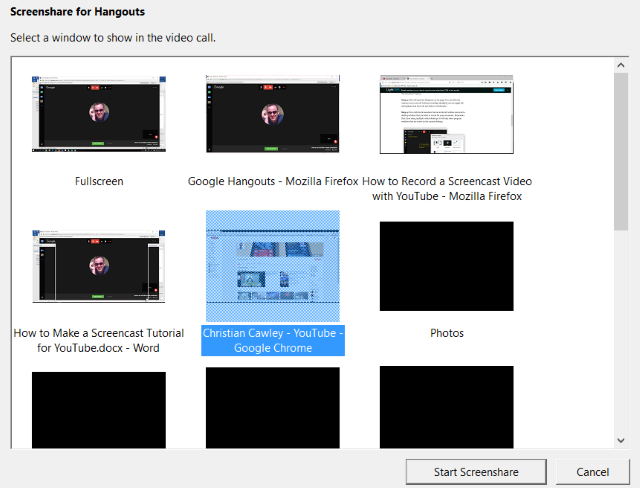 Выбор окна для демонстрации в Hangouts: экранный общий доступ