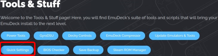 Кнопка Быстрых настроек в меню Tools & Stuff EmuDeck