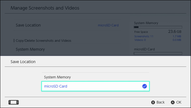 Экран выбора места сохранения медиа между microSD и системной памятью
